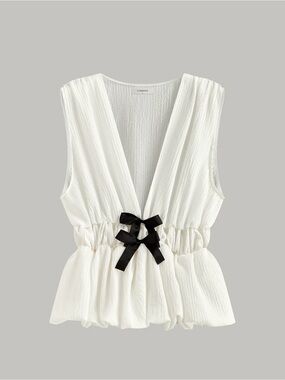 Commense v neck gathered waist Bow detail top